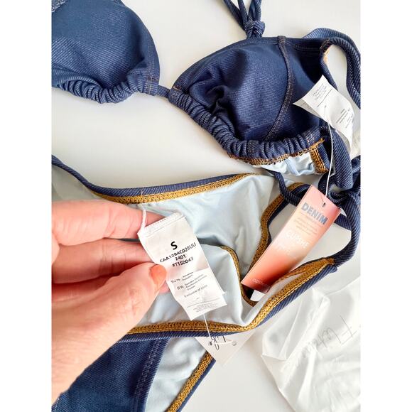 NWT Cupshe X JoJo Escaping Denim Effect Bikini Top & Side Tie Bottoms Set Blue S - Picture 6 of 9